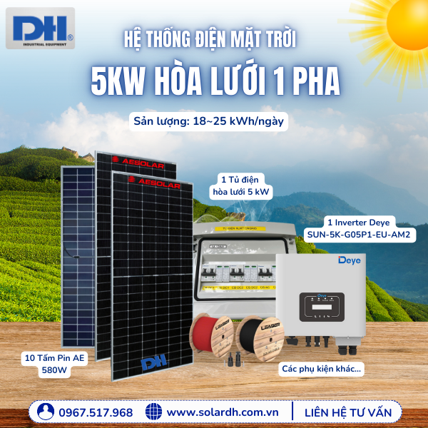 Hệ thống điện mặt trời 5kW hòa lưới tạo ra sản lượng 18~25kWh
